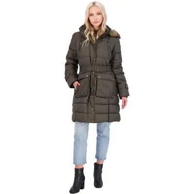 Женское зимнее пуховое пальто Lucky Brand с длинным поясом и отделкой из искусственного меха на капюшоне