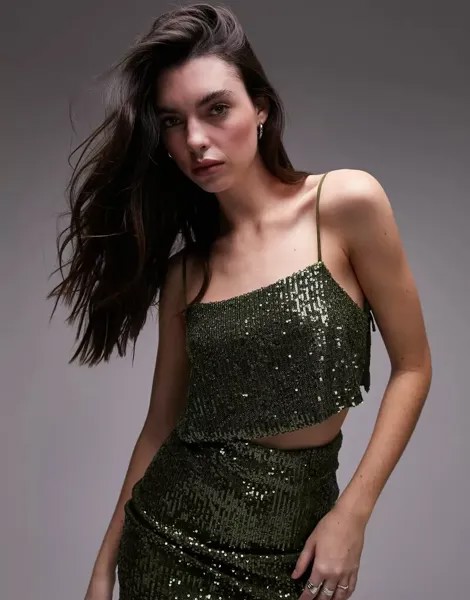 Зеленые укороченные майки с пайетками Topshop