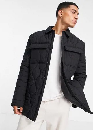 Черная стеганая куртка-рубашка с отделкой строчкой ASOS DESIGN-Черный цвет