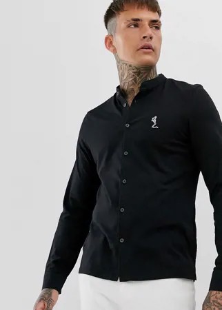 Черная приталенная трикотажная рубашка с воротником на пуговицах Religion-Черный