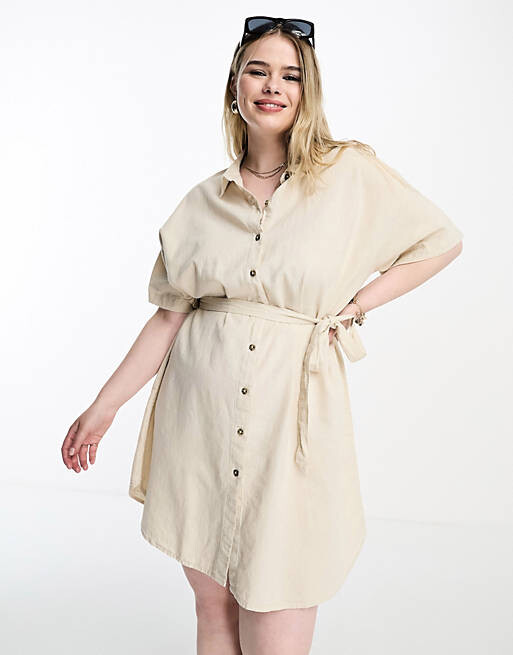 Платье мини-футболка из льна с поясом Vero Moda Curve