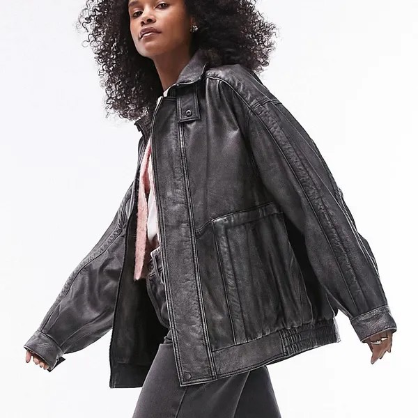 Куртка Topshop Real Leather Super Washed Oversized, черный