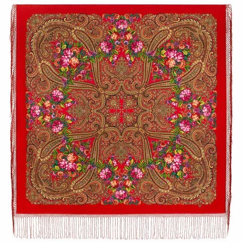 Платок Павловопосадская платочная мануфактура,148х148 см, горчичный, розовый