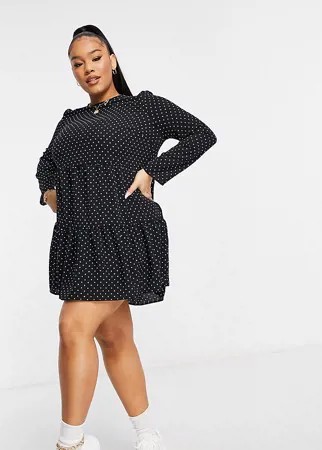 Ярусное платье мини свободного кроя в горошек с длинными рукавами ASOS DESIGN Curve-Многоцветный