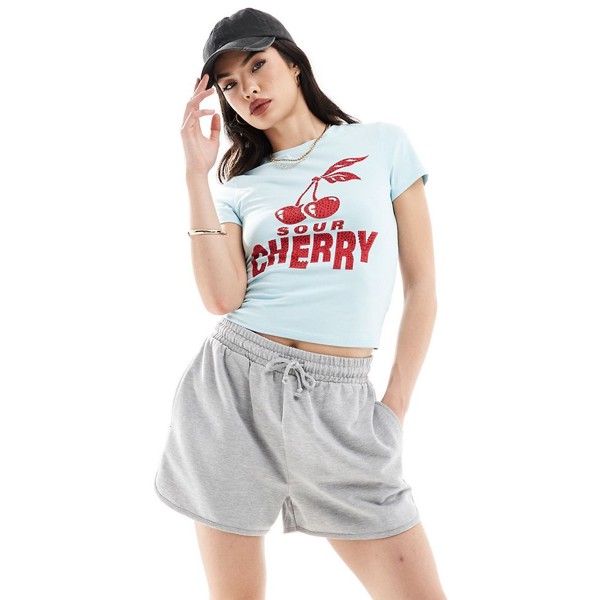 Футболка Asos Design Tight With Cherries And Rhinestones, голубой
