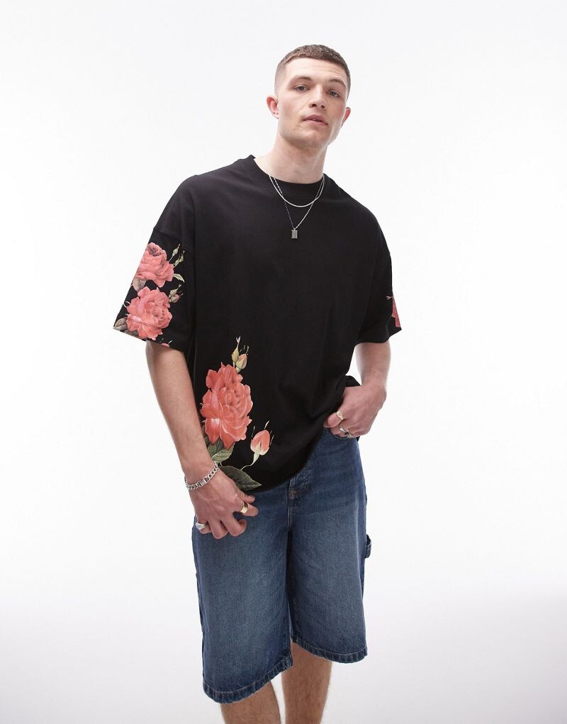 Черная оверсайз-футболка с премиальным цветочным принтом Topman