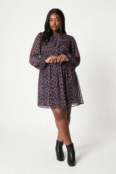 Шифоновое мини-платье Curve Pussybow с длинными рукавами Dorothy Perkins, розовый