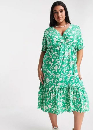 Зеленое платье миди с короткими рукавами, цветочным принтом и присборенными манжетами New Look Curve-Зеленый цвет