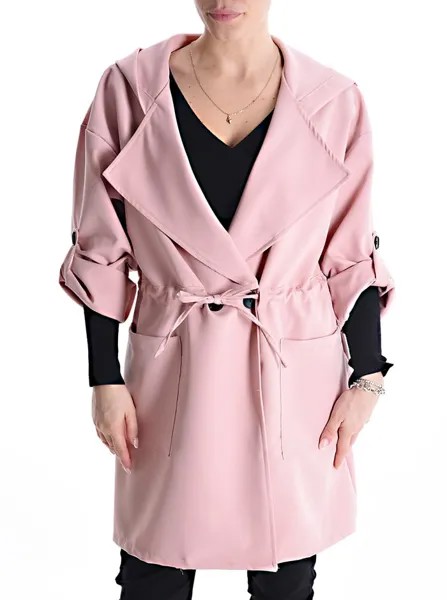 Пальто дастер с карманами, рукав 3/4 на кулиске с пуговицами, розовый