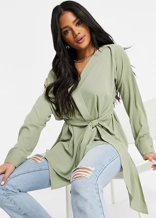 Зеленая oversized-блузка с глубоким вырезом и завязками на талии Missguided-Зеленый цвет