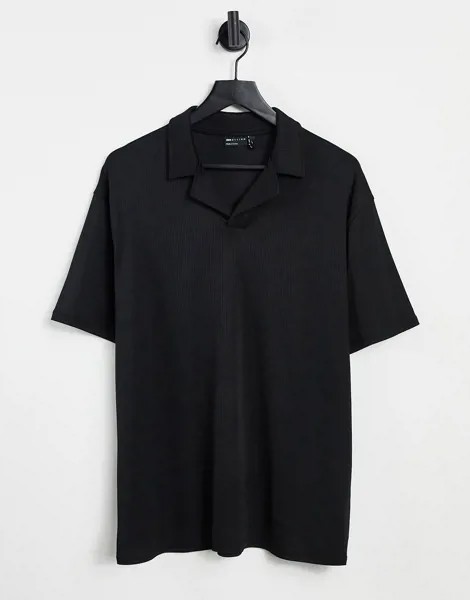 Черная строгая футболка-поло в рубчик с отложным воротником ASOS DESIGN-Черный
