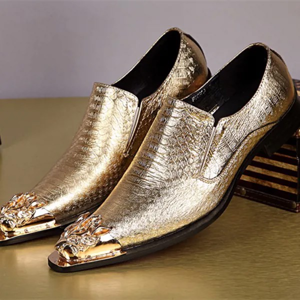 Туфли мужские классические модельные Лоферы уличные модные формальные кожаные туфли без шнуровки для мужчин золотые Клубные вечерние дело...