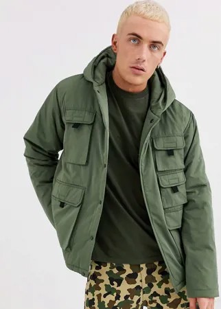 Утепленная куртка хаки с капюшоном и карманами в стиле милитари ASOS DESIGN-Зеленый