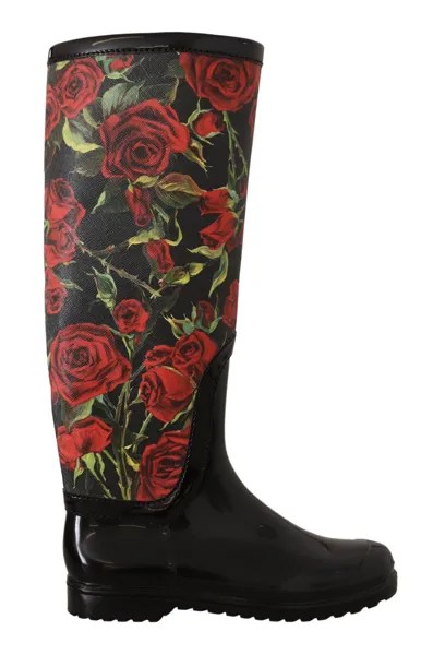 DOLCE - GABBANA Обувь Черные резиновые сапоги с красными розами Дождевик до колена EU36 / US5.5