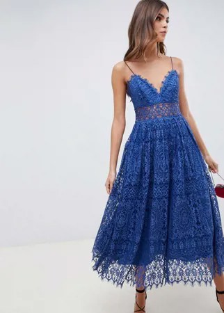 Кружевное платье миди для выпускного ASOS DESIGN-Синий