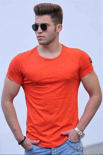 Оранжевая футболка с рваной деталью 2883 MADMEXT