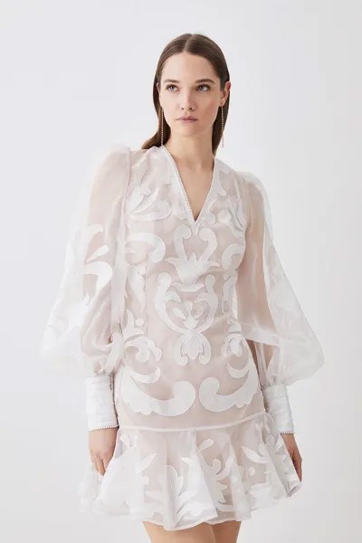 Тканое мини-платье с аппликацией и пуговицами из органди Karen Millen, белый