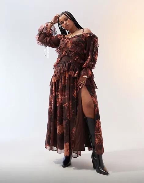 Бордовое платье макси с открытыми плечами и оборками ASOS DESIGN Curve