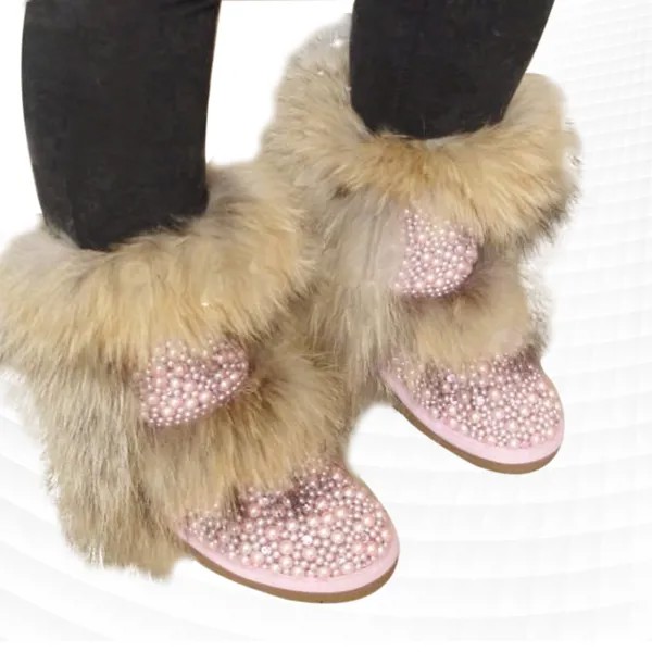 Розовые высокие зимние сапоги на заказ из натуральной лисьей кожи с жемчугом, теплая хлопковая женская обувь больших размеров 35-44