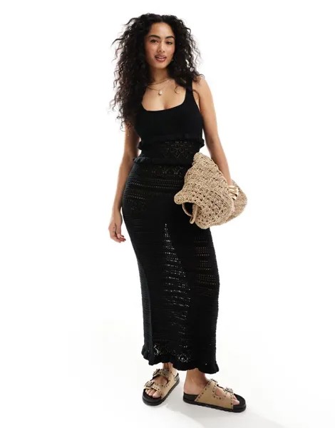 Miss Selfridge – черное платье макси с рюшами, связанное крючком