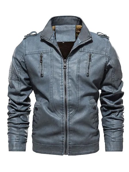 Milanoo Leather Jacket for Man Simple Layered Zipper Windbreaker Stylish Spring Dazzling Blue