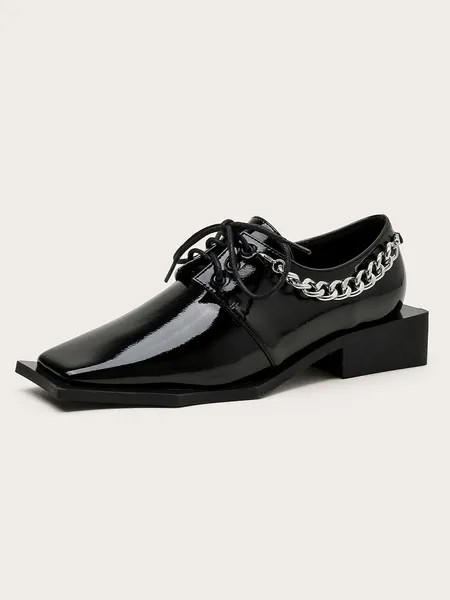 Milanoo Women's Square Toe Lace Up Oxfords in Black Patent Leather