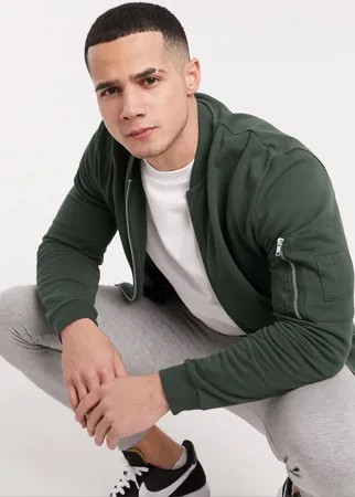 Трикотажный бомбер цвета хаки с карманом MA1 от ASOS DESIGN-Серый