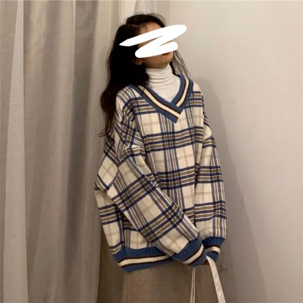 Harajuku V-образный вырез Клетчатый пуловер Женщины Корейская одежда Steetwear Свободная толстовка Зима Винтаж Бархат с длинным рукавом Пуловер для женщин Топы 2021 Мода