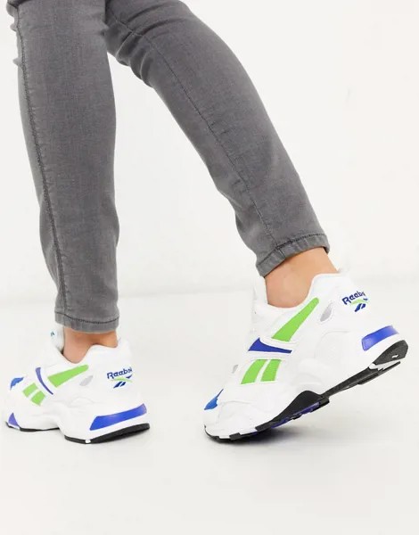 Белые кроссовки с синими и зелеными вставками Reebok Aztrek 96-Белый