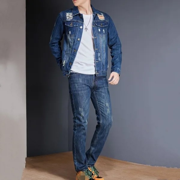 Осенний уличный мужской джинсовый комплект из двух предметов, приталенная винтажная ковбойская куртка, джинсовый костюм, брюки-карго в сти...