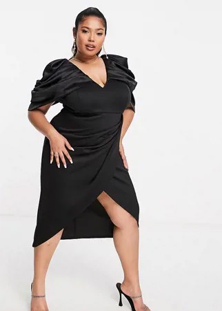 Черное атласное платье миди с драпированными рукавами и запахом ASOS DESIGN Curve-Черный цвет