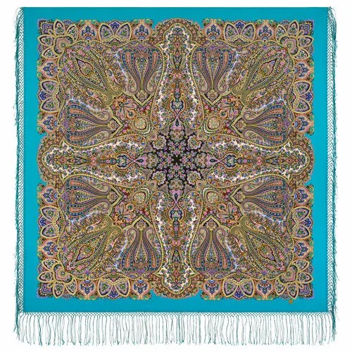 Платок Павловопосадская платочная мануфактура,135х135 см, голубой, коричневый