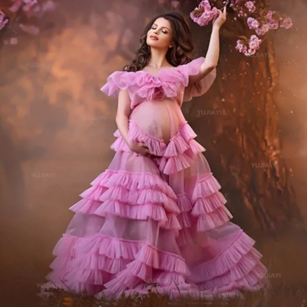 Платья для беременных платье с многоярусными оборками женское пушистое Тюлевое платье с разрезом спереди длинное платье для невесты одежда для сна для беременных для фотосессии