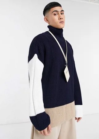 Темно-синий oversized-джемпер с воротником-стойкой и контрастными рукавами ASOS DESIGN