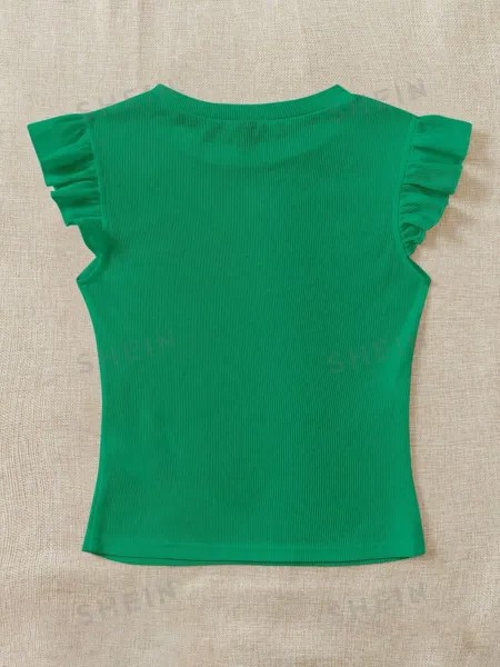 SHEIN WYWH трикотажная однотонная женская футболка с круглым вырезом и короткими рукавами, зеленый