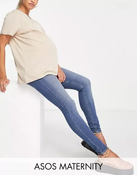 Супероблегающие джинсы скинни ASOS DESIGN Maternity аутентичного синего цвета с завышенной талией и выпуклостью снизу