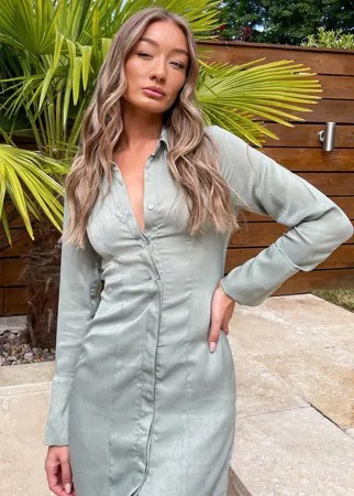 Атласное платье-рубашка мини шалфейно-зеленого цвета ASOS DESIGN-Зеленый цвет