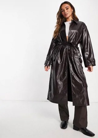 Темно-бордовый тренч из жатого материала и искусственной кожи ASOS DESIGN-Красный
