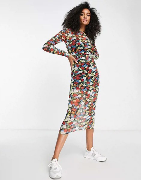 Сетчатое платье миди с длинными рукавами, сборками и ярким цветочным принтом ASOS DESIGN-Разноцветный