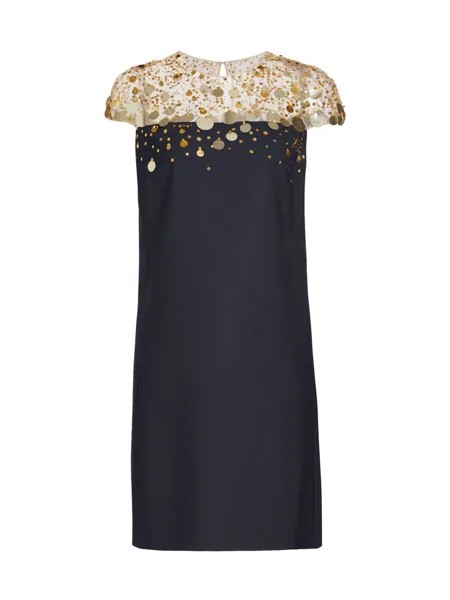 Расшитое пайетками платье-футляр с иллюзией шеи Oscar de la Renta, нави