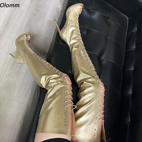 Женские облегающие ботинки Olomm ручной работы, привлекательные черные, золотые, серебряные ботинки на молнии сбоку, на тонком высоком каблуке, с круглым носком, большие размеры 5-20