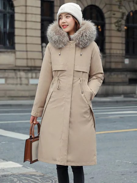 Milanoo Women Puffer Coats Khaki Removable Zipper Hooded Long Sleeves Casual Thicken Knee Length Win