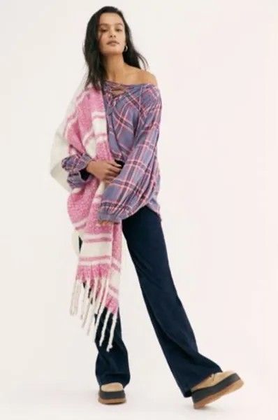 Клетчатая туника Free People Cloudbreaker, большой пуловер на шнуровке, синий, розовый, L, НОВИНКА