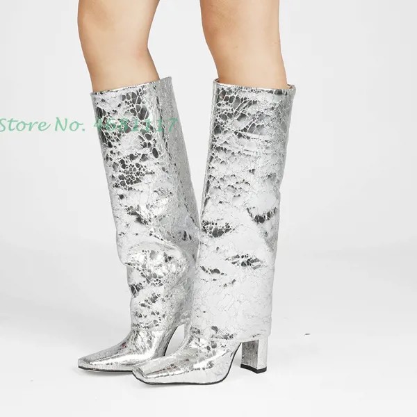 Женские Серебристые сапоги до колена с квадратным носком, модные брендовые облегающие сапоги с камнями и узором на толстом каблуке