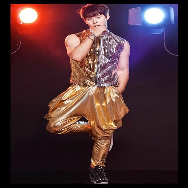 Мужская одежда с блестками R71 золотого и серебряного цвета, одежда для dj, платье-жилет, костюмы для бальных танцев, певица, хип-хоп штаны, Мужское боди, dj