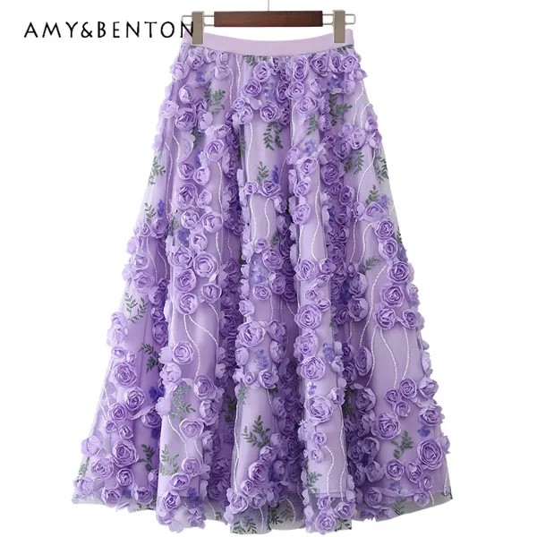 Женская газовая юбка, романтичная французская трехмерная юбка-зонтик с вышивкой в виде роз, сетчатая юбка-баллон