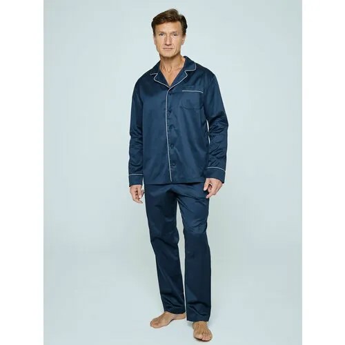 Пижама Малиновые сны, рубашка, брюки, карманы, размер 56, синий