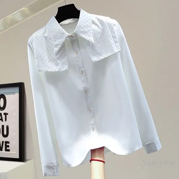 Рубашки Стразы, женская блузка с длинным рукавом, весна 2022, корейский стиль, Свободные повседневные универсальные однобортные блузы, Топ