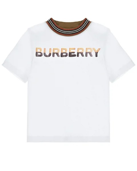 Белая футболка с эластичным вырезом в полоску Burberry детская