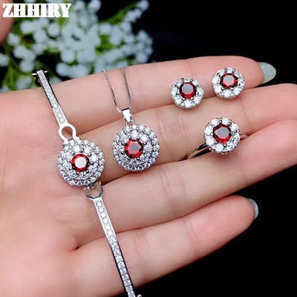 ZHHIRY женский ювелирный набор натуральный гранатовый камень из настоящего серебра 925 пробы, кольцо, серьги, кулон, браслет, ювелирные изделия